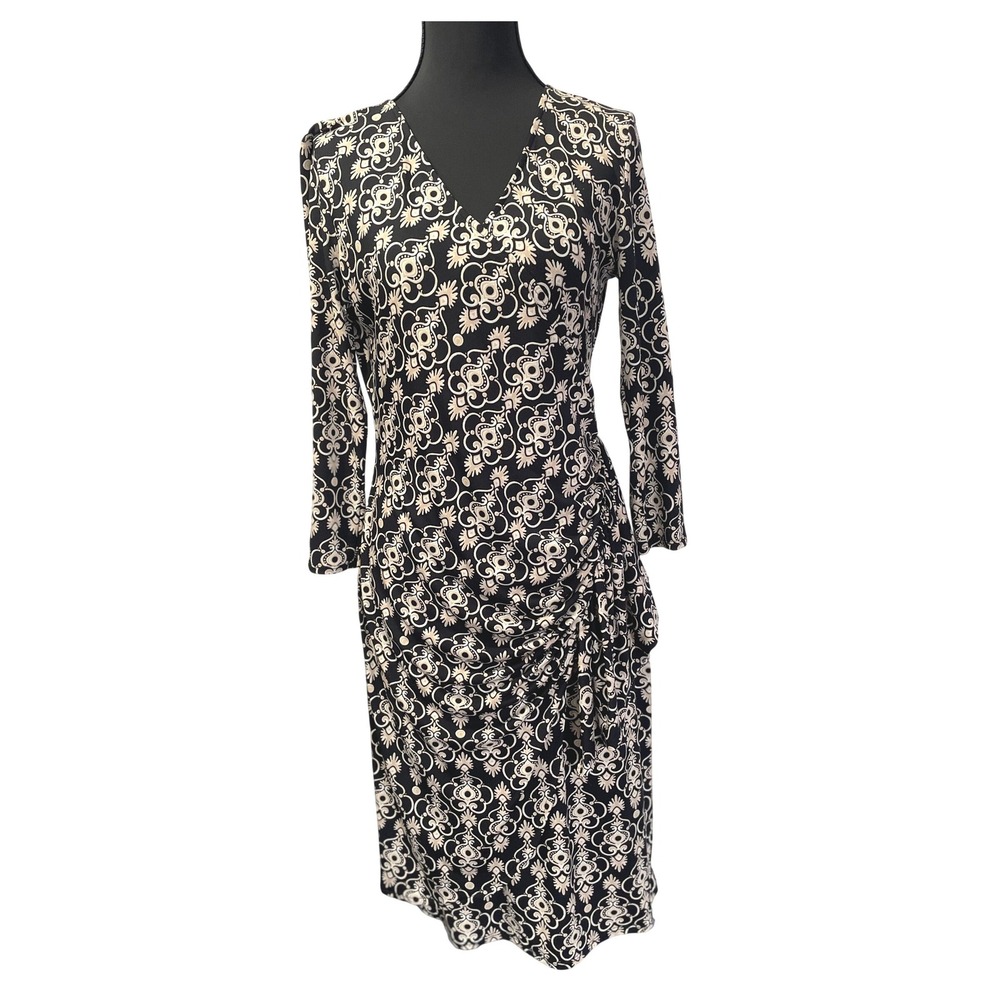 New York & Company Faux Wrap Dress Women S Black Tan Damask Ruched V Neck